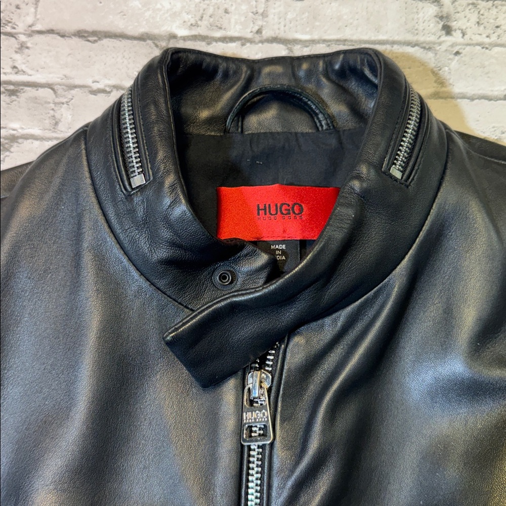 Hugo Boss mens S Small black solid 100% leather full zip jacket EuC - Picture 3 of 6
